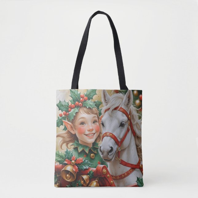 Bells Holly and Horse Christmas Elf Tote Bag (Front)