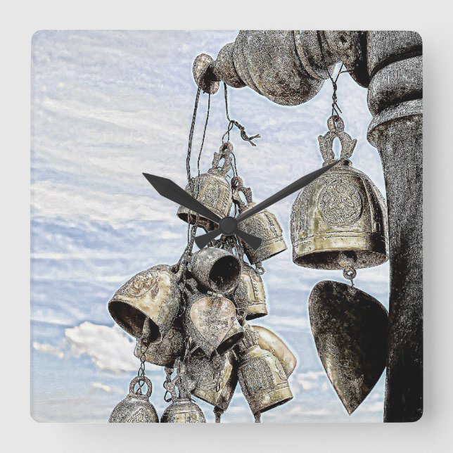 bells on in buddhist temple in Thailand Square Wall Clock (Front)