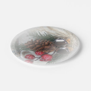 Bells, Pinecone and Berries Holiday Paper Plate