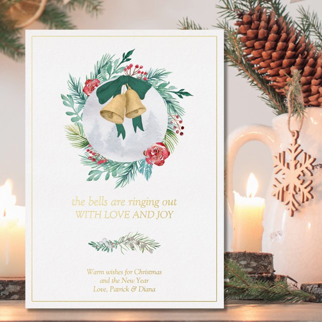 Bells Ringing Out Love and Joy Christmas Wreath Foil Holiday Card (Creator Uploaded)