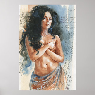 Belly dancer woman, watercolor portrait poster