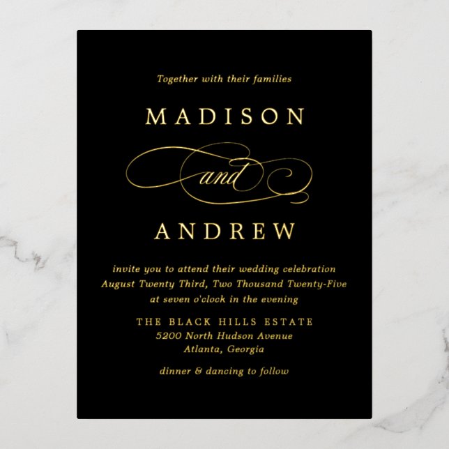 Beloved Black and Gold Wedding Foil Invitation Postcard (Front)