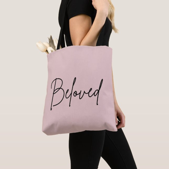 Beloved Blush Pink and Black Christian Faith Tote Bag (Close Up)