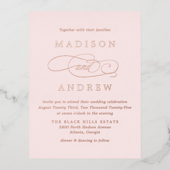 Beloved Blush Pink and Rose Gold Wedding Foil Invitation Postcard (Front)