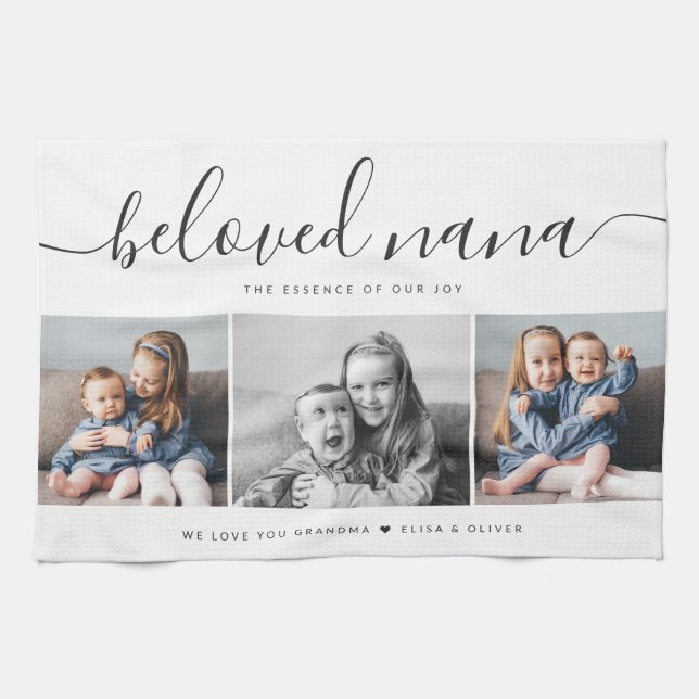 Beloved Nana Grandma Custom Family Photo Keepsake Tea Towel (Horizontal)