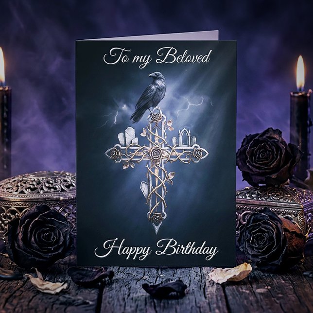 Beloved Personalized Gothic Cross Raven Birthday Card (Creator Uploaded)