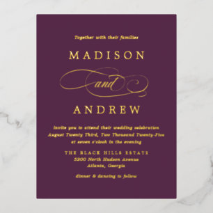Beloved Purple and Gold Wedding Foil Invitation Postcard