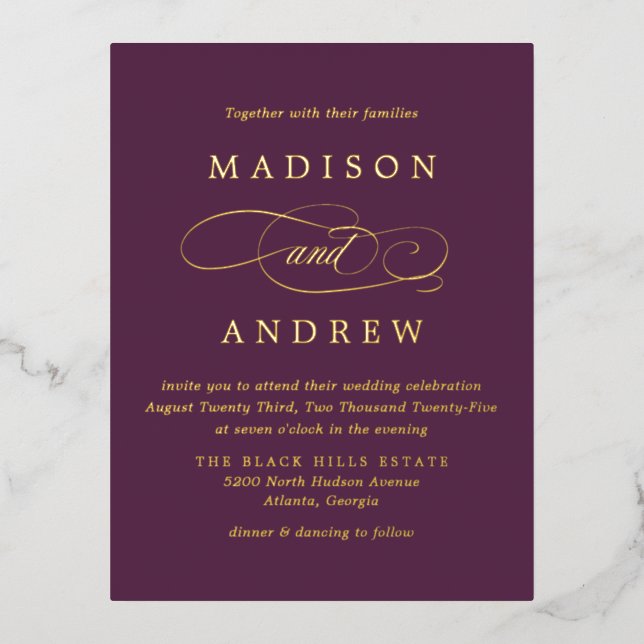 Beloved Purple and Gold Wedding Foil Invitation Postcard (Front)