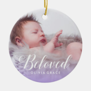 Beloved Purple   Baby Photo Name & Birth Stats Ceramic Tree Decoration