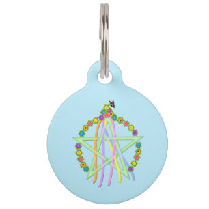 Beltane Pentagram with Pastel Ribbons and Flowers Pet Tag