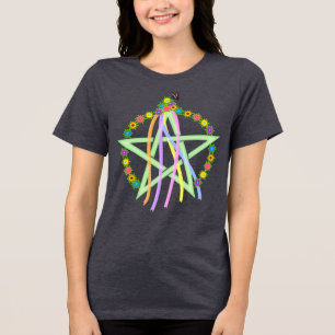 Beltane Pentagram with Pastel Ribbons and Flowers Tri-Blend Shirt