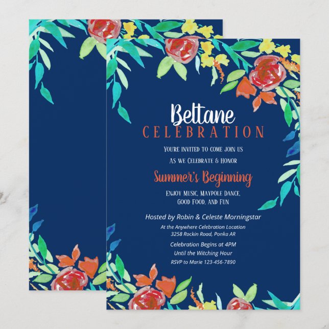 Beltane Summer Flowers Wicca Watercolor Blue Invitation (Front/Back)