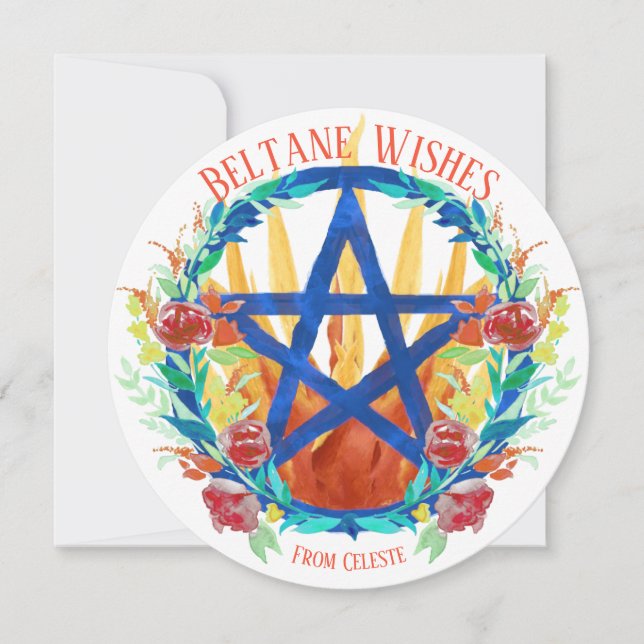 Beltane Wiccan Pentacle Fire & Summer Flowers Holiday Card (Front)