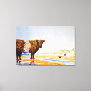 Belted Galloway Cow Painting Surreal Beach Scene Canvas Print