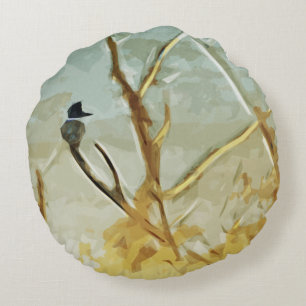 Belted Kingfisher at Rivers Edge Abstract Round Cushion