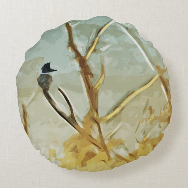 Belted Kingfisher at Rivers Edge Abstract Round Cushion (Back)