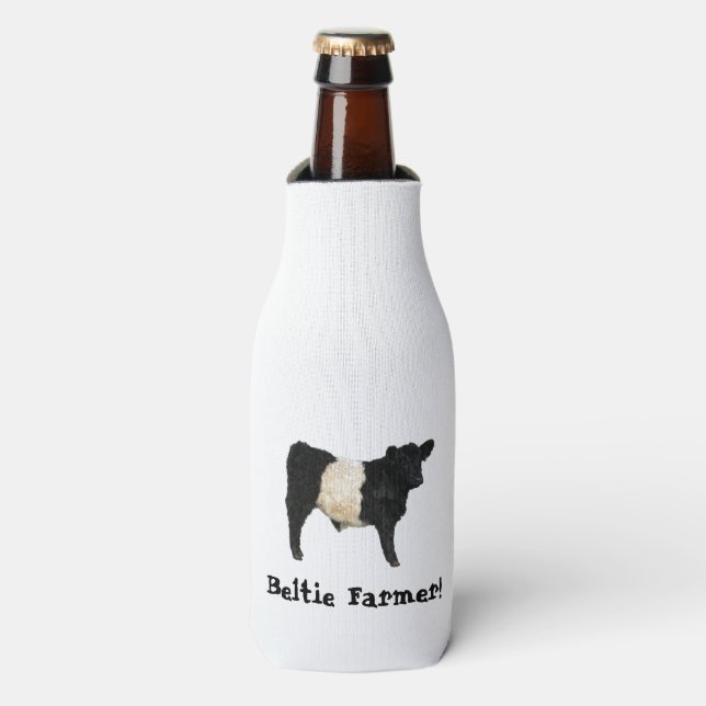 Beltie Farmer Gorgeous Belted Galloway Cow Steer Bottle Cooler (Bottle Front)