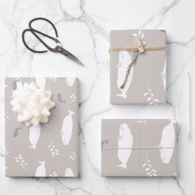 Beluga Baby Whale On Pastel Grey Illustration  Wrapping Paper Sheet (Front)