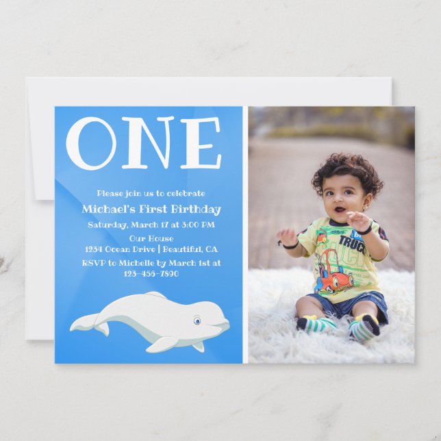 Beluga Whale Arctic Ocean Photo First Birthday Invitation (Front)