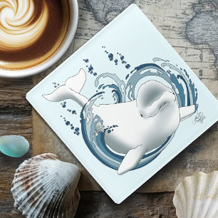 Beluga Whale Blue Glass Coaster