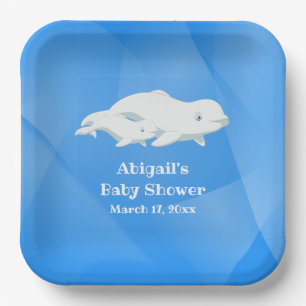 Beluga Whale Blue, White Arctic Ocean Baby Shower Paper Plate