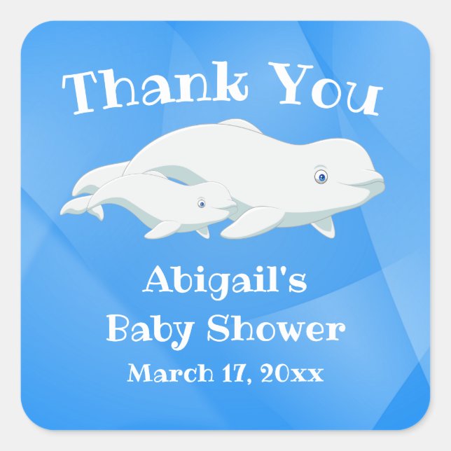Beluga Whale Blue, White Arctic Ocean Baby Shower Square Sticker (Front)