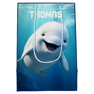 Beluga Whale Cartoon Blue Green Arctic Ocean  Medium Gift Bag