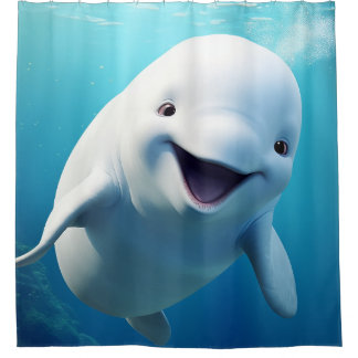 Beluga Whale Cartoon Blue Green Arctic Ocean  Shower Curtain