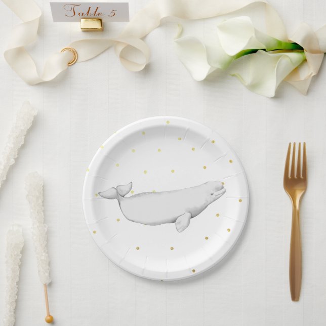 Beluga Whale Illustration Dots Paper Plate (Wedding)