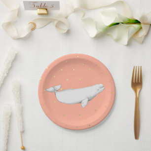Beluga Whale Illustration Gold Dots Coral Paper Plate