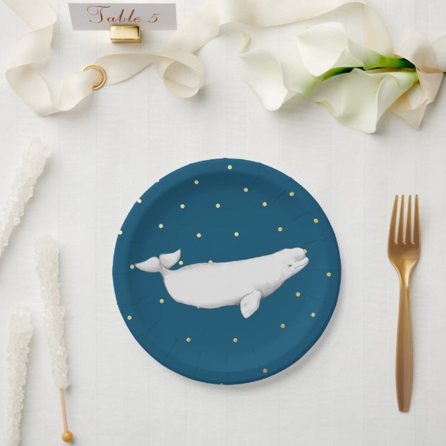 Beluga Whale Illustration Gold Dots Navy Blue Paper Plate (Wedding)