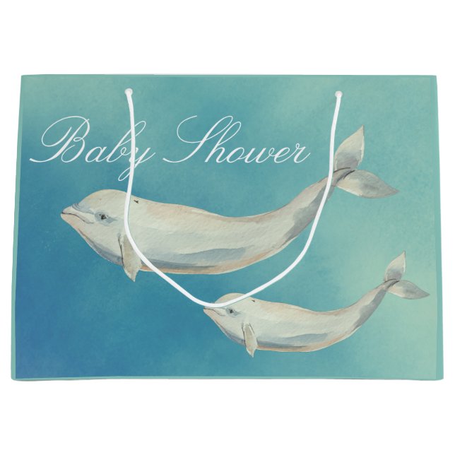 Beluga Whale Mum and Calf Baby Shower Large Gift Bag (Front)