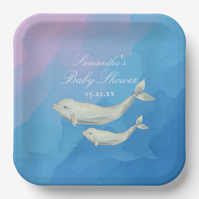 Beluga Whale Mum and Calf Baby Shower Paper Plate (Front)
