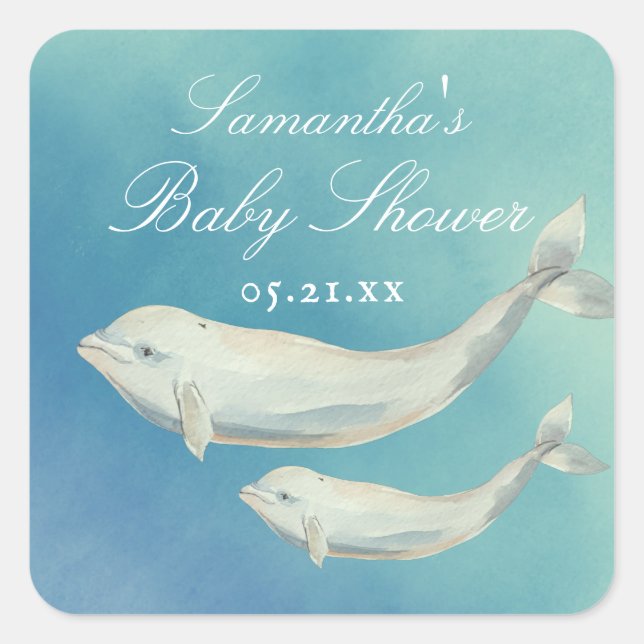 Beluga Whale Mum and Calf Baby Shower Square Sticker (Front)