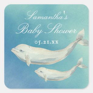 Beluga Whale Mum and Calf Baby Shower Square Sticker