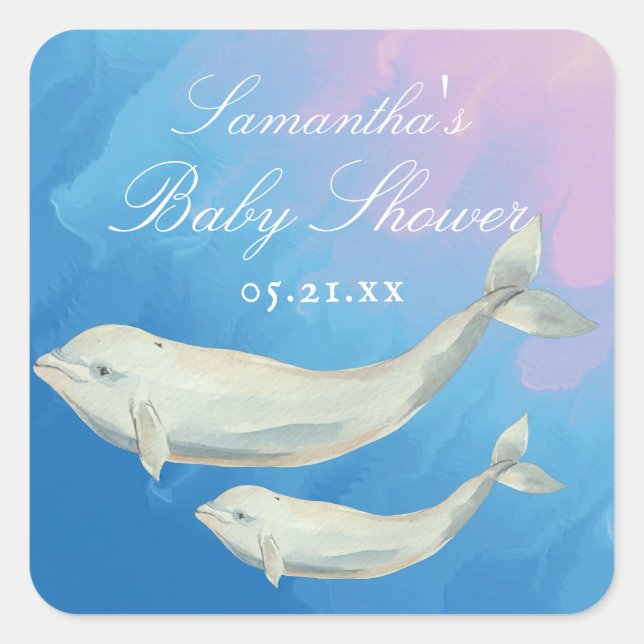 Beluga Whale Mum and Calf Baby Shower Square Sticker (Front)