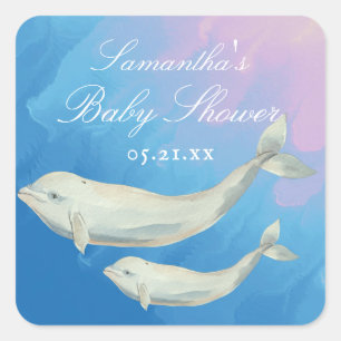 Beluga Whale Mum and Calf Baby Shower Square Sticker