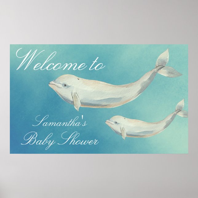 Beluga Whale Mum and Calf Baby Shower Welcome Poster (Front)