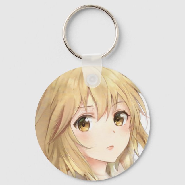 Bemused anime girl golden blonde hair hazel eyes key ring (Front)