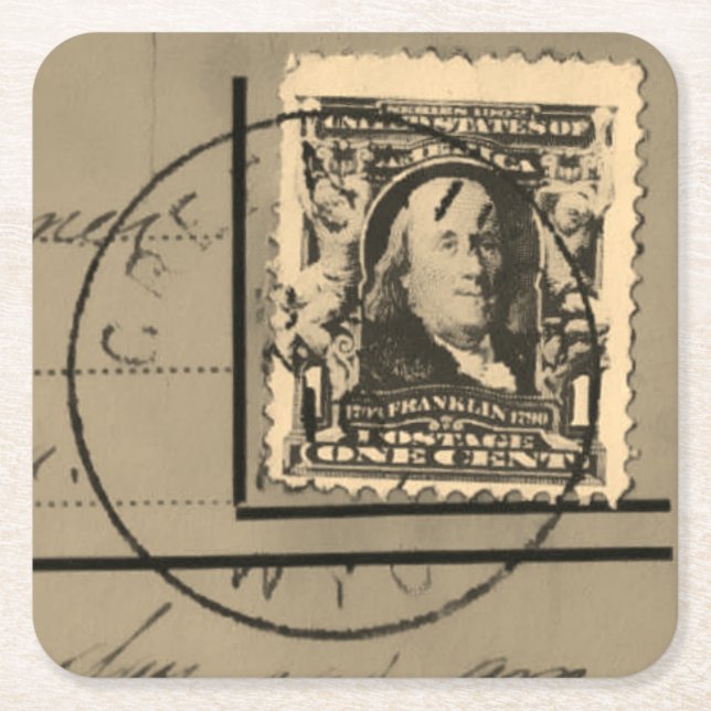 “Ben Franklin Cancelled” Postage Stamp Square Paper Coaster (Front)