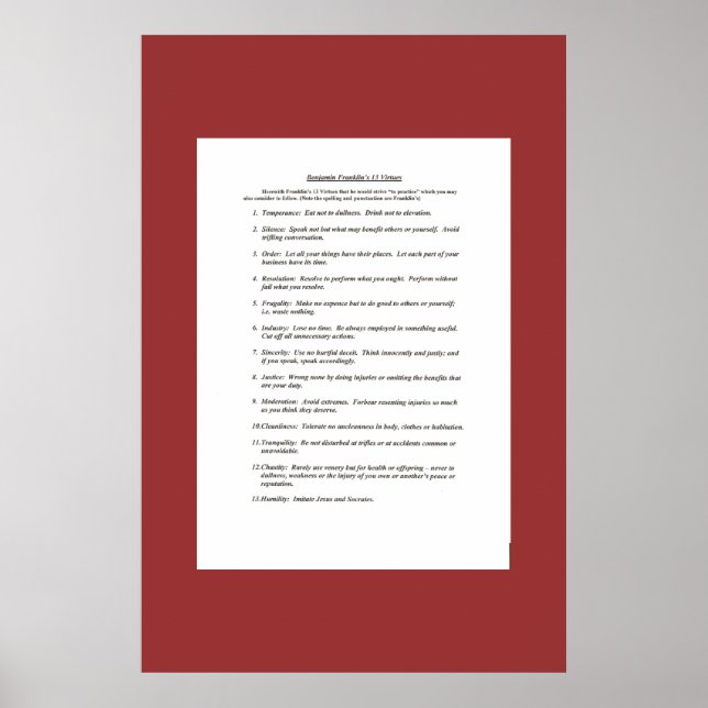 Ben Franklin's 13 Virtues Poster (Front)