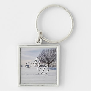 Bench On Snow Covered Hill Square Keychain