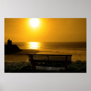 bench with golden sunset view poster