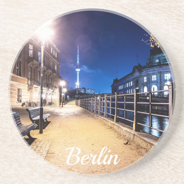 Benches near Spree river in Berlin, Germany Coaster (Front)