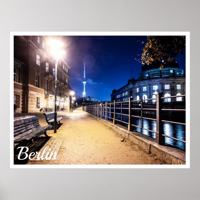 Benches near Spree river in Berlin, Germany Poster (Front)