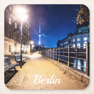 Benches near Spree river in Berlin, Germany Square Paper Coaster