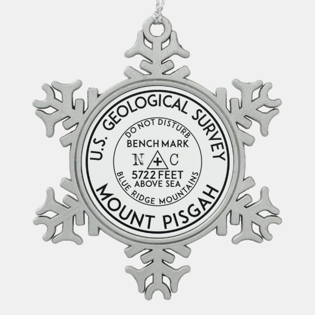 BENCHMARK MOUNT PISGAH NORTH CAROLINA USGS SNOWFLAKE PEWTER CHRISTMAS ORNAMENT (Front)