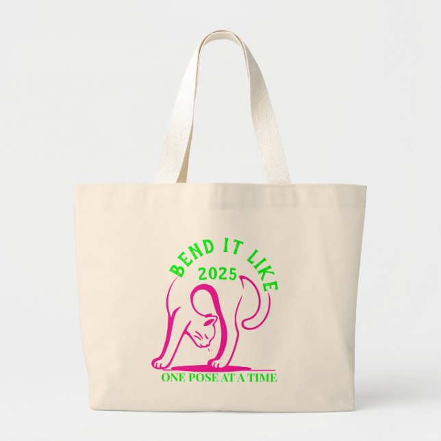 Bend It Like 2025: Yoga Cat Fun Large Tote Bag (Front)