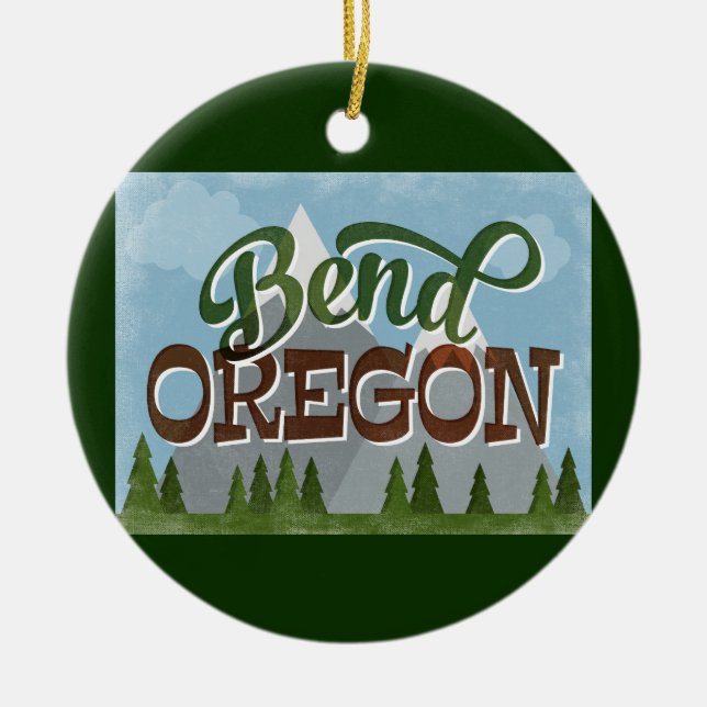 Bend Oregon Fun Retro Snowy Mountains Ceramic Tree Decoration (Front)