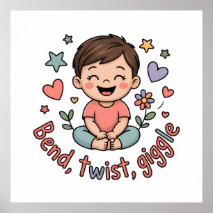 Bend twist giggle cute yoga kid poster